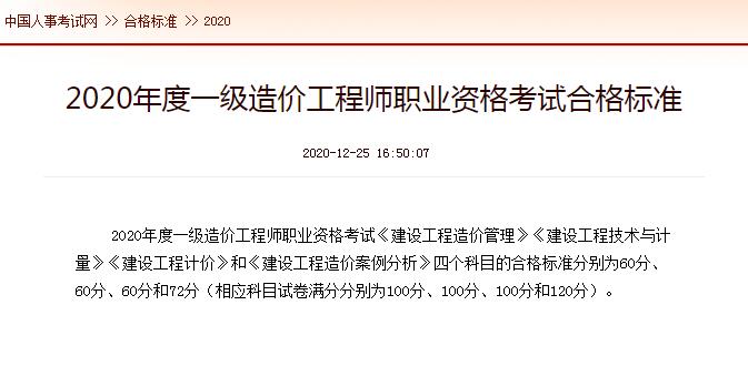2020年度一级造价工程师职业资格考试合格标准